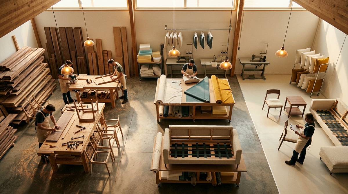 LIVSIMPLE manufacturing floor — craftspeople working on wood furniture frames in a well-lit workshop
