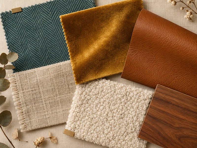 Close-up of LIVSIMPLE upholstery — tightly woven teal-slate performance fabric with a subtle herringbone texture