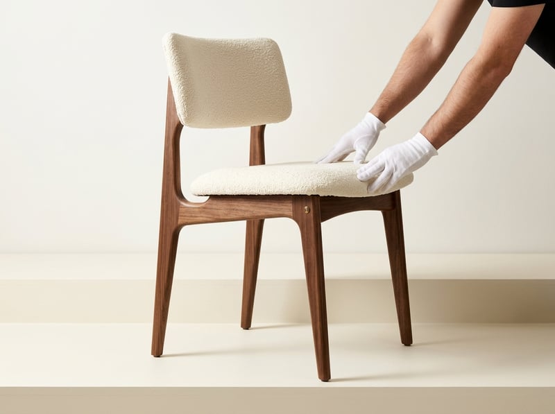A finished dining chair being inspected for quality in a LIVSIMPLE staging area before shipment