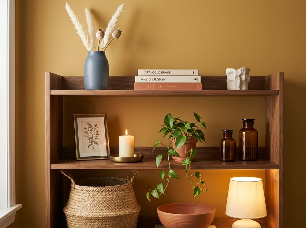 LIVSIMPLE Accent and Décor — a styled walnut open-shelf unit with ceramics, books, plants, and a lit brass lamp against a mustard-gold wall