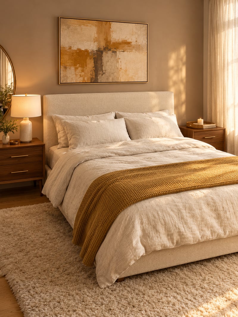 LIVSIMPLE Bedroom collection — a low-profile upholstered platform bed with cream linen bedding, walnut nightstands, and warm lamp lighting