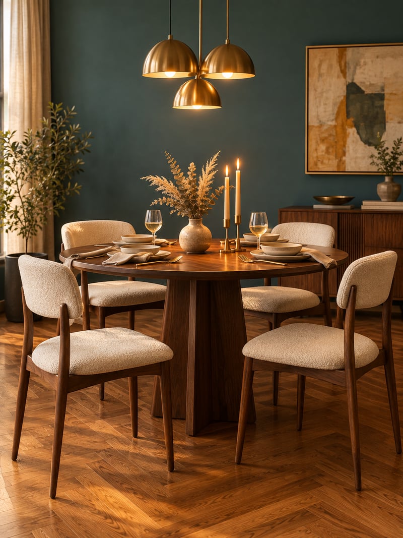 LIVSIMPLE Dining collection — a round walnut dining table with sculptural upholstered chairs under a warm brass pendant lamp