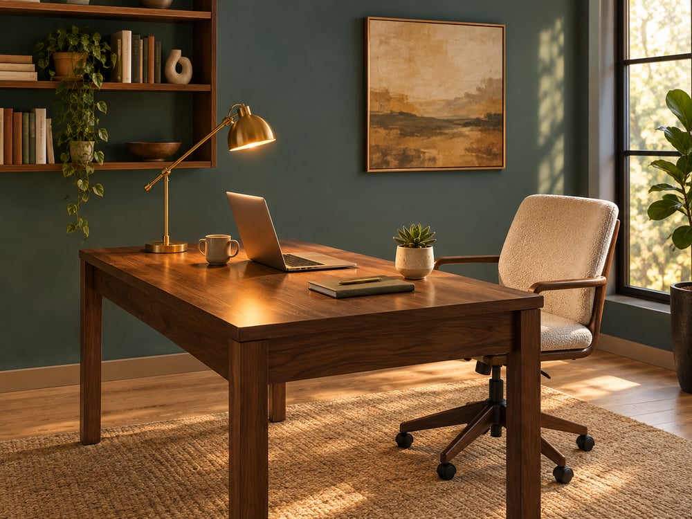 LIVSIMPLE Home Office — a walnut writing desk with a cream task chair, laptop, and warm brass desk lamp against a teal study wall