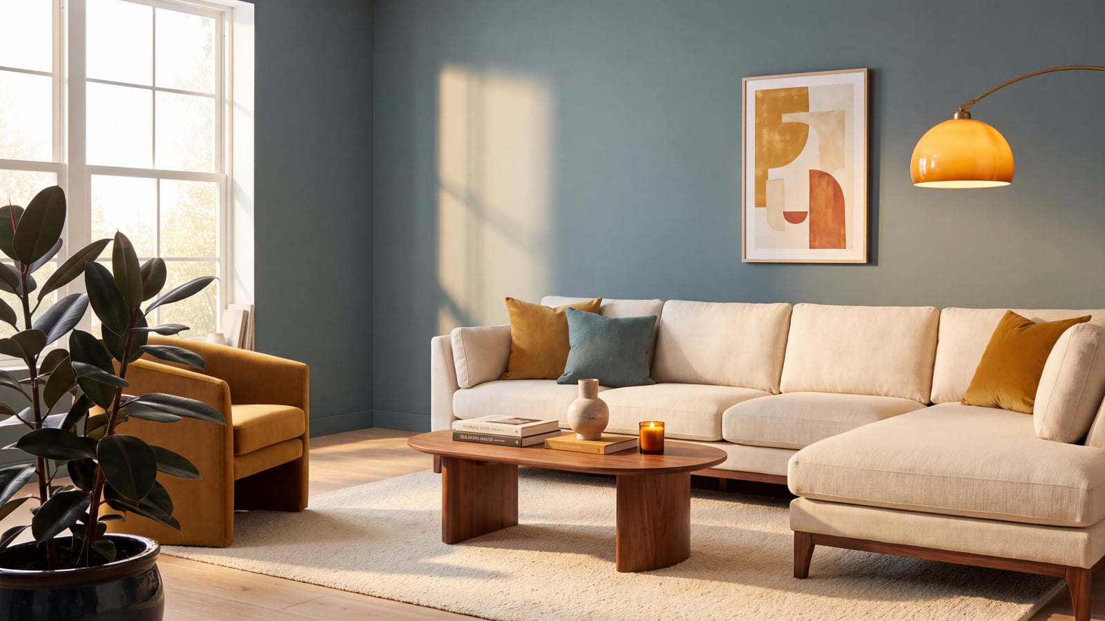 LIVSIMPLE Living Room — cream sectional sofa with mustard cushions, walnut coffee table, and brass arc lamp against a teal accent wall