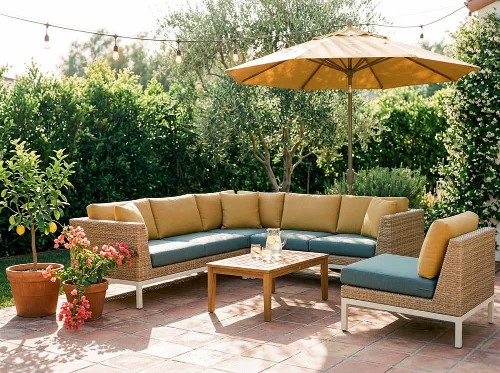 LIVSIMPLE Outdoor collection — a mustard-cushioned all-weather sectional and teak side table on a sunlit terrace surrounded by lush greenery