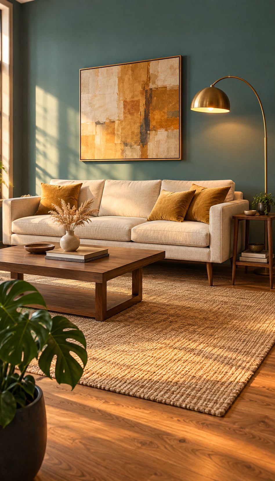 A warmly lit living room styled with LIVSIMPLE furniture — cream sectional sofa with mustard cushions, walnut side table, and a brass arc floor lamp against a deep teal accent wall